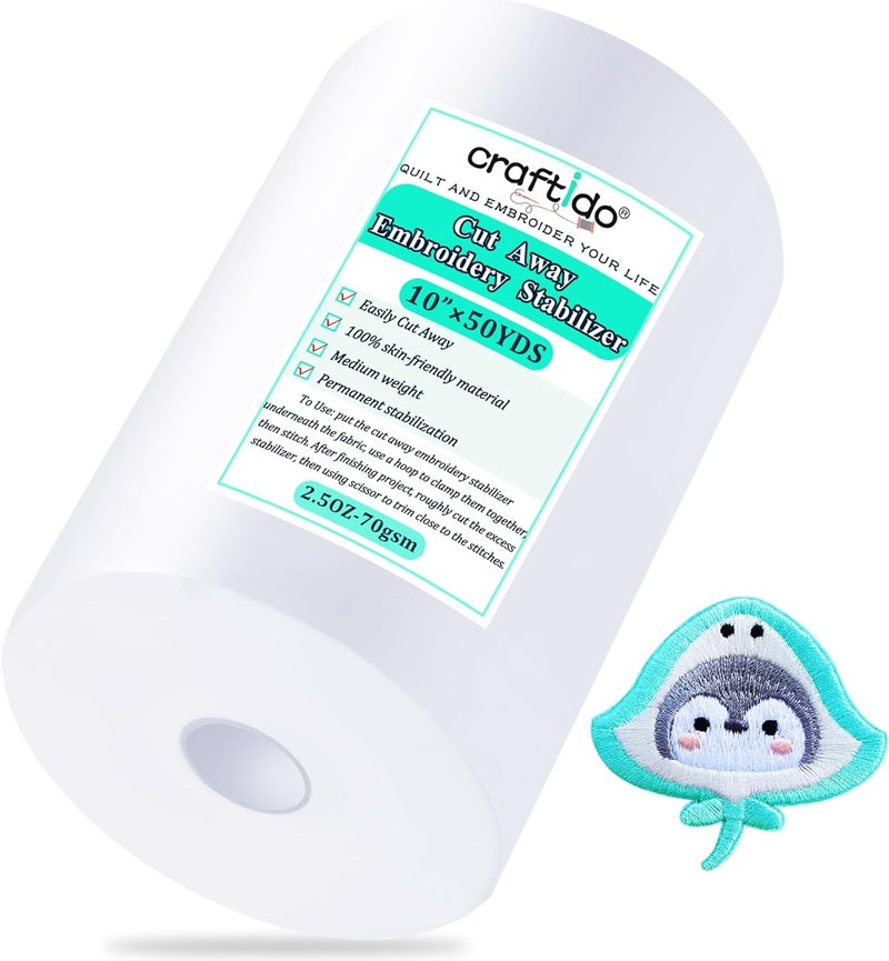 craftido Cut Away Embroidery Stabilizer Backing 10" x 50 Yd/roll Compatible with Most Hoops 2.5oz Medium Weight for Machine Embroidery and Hand Sewing - Image 1